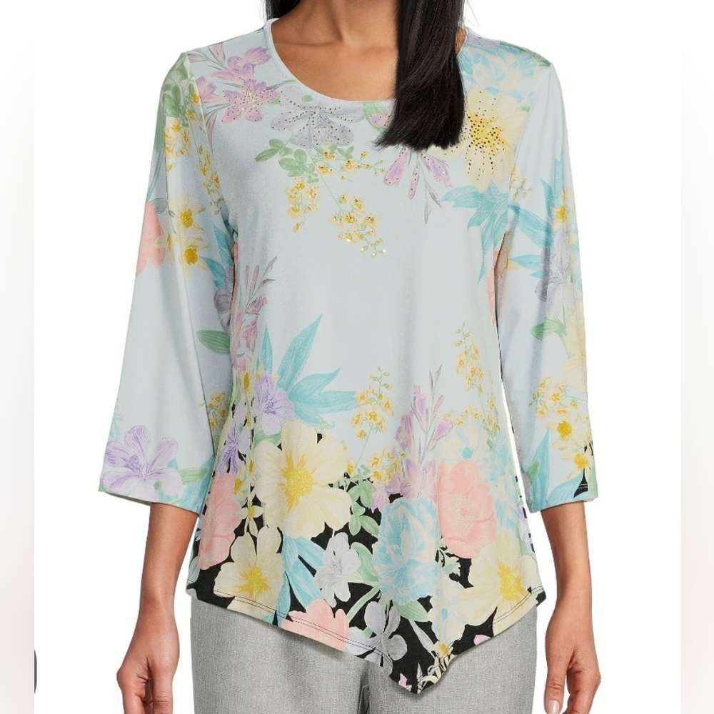 Allison Daley Embellished Floral Print 3/4 Sleeve Crew Neck Plus Size